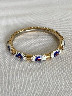 VTG Cloisonné Enamel Floral Flowers Bangle Bracelet Red White Blue Gold